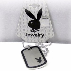Mens Playboy Necklace Bunny Pendant Dog Tag Stainless Steel Black Carbon Fiber
